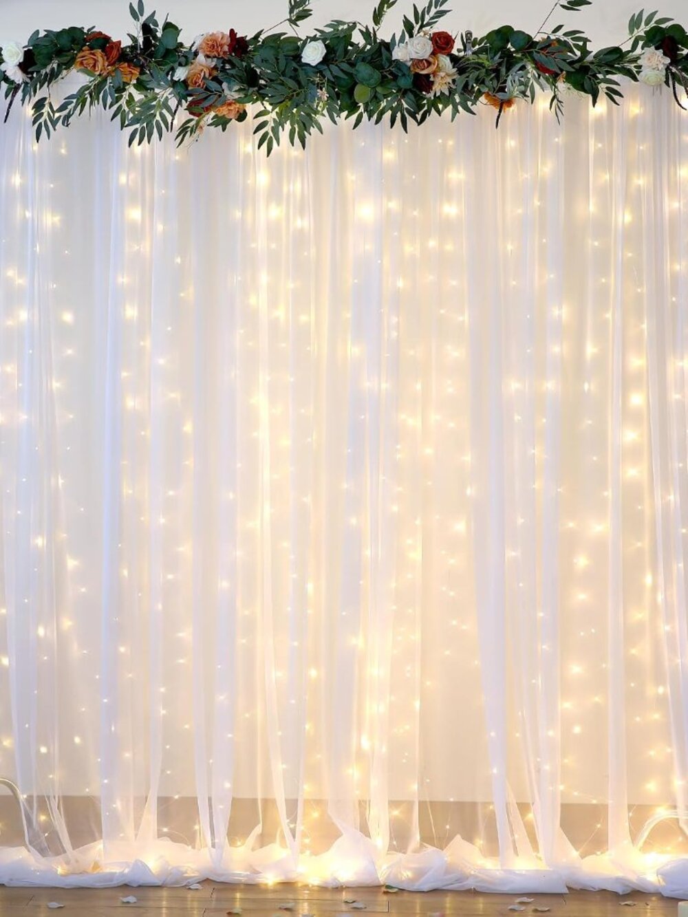 White Tulle Backdrop Curtain with Lights String for Parites 10×8ft Sheer Backdro